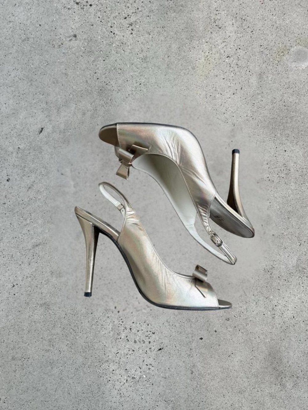 Metallic Peep-Toe Slingback Heels with Bow Accent- Stuart Weitzman